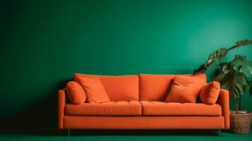 moderne vide pièce avec coloré vert mur et ancien Orange canapé. studio coup avec copie espace. ai génératif photo