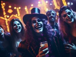 groupe de Jeune gens portant costumes à Halloween fête en buvant des cocktails et ayant amusement dans boîte de nuit, ai généré photo