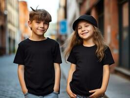 mignonne enfant de mêmes parents ou ami, garçon et fille portant Vide vide noir T-shirt maquette pour conception modèle, ai généré photo