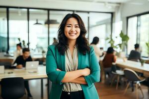 plus Taille directeur asiatique femme d'affaires PDG sur de soi et permanent de face de moderne bureau, ai généré photo
