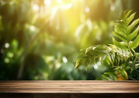 abstrait Vide en bois dessus de la table plus de flou vert plante dans jardin Contexte avec Matin lumière du soleil, ai généré photo