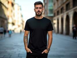 une homme portant Vide vide noir T-shirt maquette pour conception modèle photo