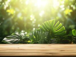 abstrait Vide en bois dessus de la table plus de flou vert plante dans jardin Contexte avec Matin la lumière du soleil, ai généré photo