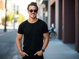 une homme avec des lunettes de soleil portant Vide vide noir T-shirt maquette pour conception modèle, ai généré photo