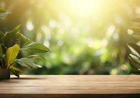 abstrait Vide en bois dessus de la table plus de flou vert plante dans jardin Contexte avec Matin la lumière du soleil, ai généré photo