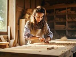 Jeune femelle Charpentier travail comme une bois designer dans bois travail boutique, le sexe égalité concept, ai généré photo