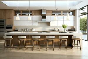 moderne luxe conception cuisine pièce intérieur, à manger île table avec chaises, ai généré photo