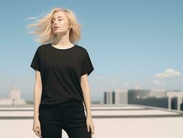 attrayant Jeune femme portant Vide vide noir T-shirt maquette pour conception modèle, ai généré photo