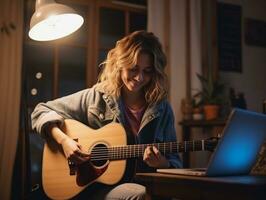 Jeune femme prendre leçon apprentissage guitare de en ligne cours sur portable dans sa maison, numérique apprentissage concept, ai généré photo