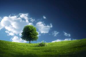 vert champ et arbre sur bleu ciel. ai génératif photo