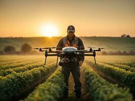 agriculteur en fonctionnement drone sur le champ à coucher de soleil, agriculture concept. photo