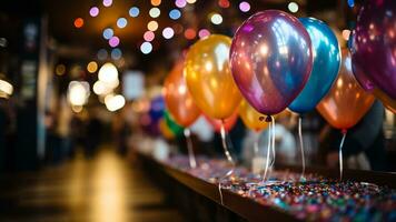 Nouveau années fête décor de fête des ballons, banderoles, et signalétique, ai génératif photo