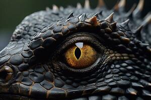 une photo de proche en haut de iguane œil, dragon œil, dinosaure œil génératif ai