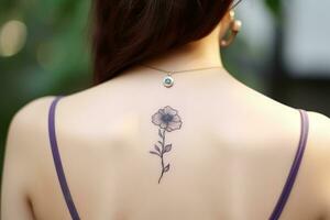 proche en haut de une petit morelle noire fleur tatouage à l'intérieur une cercle sur une retour de le cou de une femme. une délicat et féminin conception. génératif ai photo