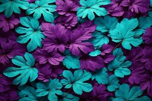 violet et cyan coloré feuilles arrière-plan, feuilles arrière-plan, feuilles fond d'écran, feuilles modèle, déchue feuilles arrière-plan, ai génératif photo