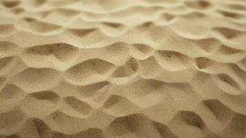 Haut vue de sablonneux plage. Contexte avec copie espace et visible le sable texture génératif ai photo