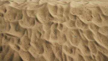 Haut vue de sablonneux plage. Contexte avec copie espace et visible le sable texture génératif ai photo