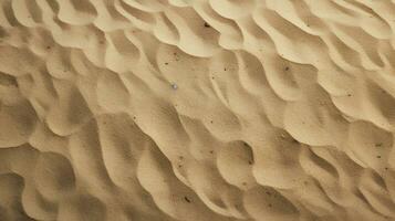 Haut vue de sablonneux plage. Contexte avec copie espace et visible le sable texture génératif ai photo