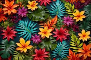 coloré tropical feuilles et fleurs, tropical fleur arrière-plan, exotique feuilles arrière-plan, tropical fleur fond d'écran, ai génératif photo