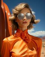 une élégant femme rochers un Orange robe et des lunettes de soleil, sans effort incorporant le Extérieur ciel avec sa avant-gardiste des lunettes de protection et rouge chemise, ai génératif photo