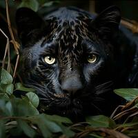 une noir jaguar furtivement par le forêt feuilles ai génératif photo