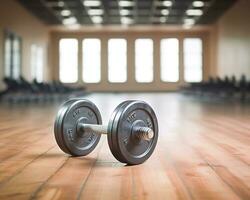 paire de haltères sur une en bois sol dans une salle de sport. génial pour aptitude, entraînement, et exercice concepts. génératif ai photo