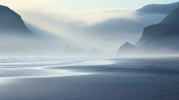 Voyage Montagne plage brouillard paysage ai généré photo