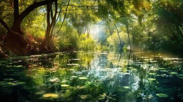 Lac ensoleillement paradis étang paysage ai généré photo