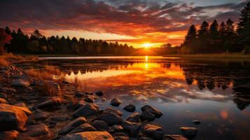 la nature tomber soir étang paysage ai généré photo