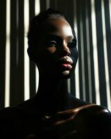 dans le foncé ombres de un intérieur chambre, une femme avec fermé yeux regards en dehors le fenêtre, sa portrait reflétant le profondeur de sa émotions, ai génératif photo