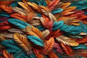 multicolore plume arrière-plan, coloré plume fond d'écran, arc en ciel plumes arrière-plan, coloré duveteux plume texture, plume modèle, plume texture, fourrure texture, ai génératif photo