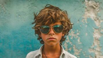 mode portrait de une élégant garçon dans des lunettes de soleil sur une été, ai génératif photo