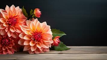 magnifique dahlia fleur sur bois Contexte avec copie espace, ai génératif photo