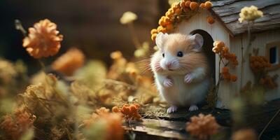 une mignonne hamster dans miniature bois loger, ai génératif photo