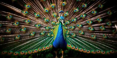 une magnifique paon montrant de ses magnifique plumes, ai génératif photo