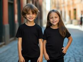 mignonne enfant de mêmes parents ou ami, garçon et fille portant Vide vide noir T-shirt maquette pour conception modèle, ai généré photo