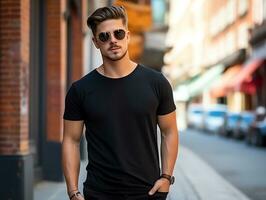 une homme avec des lunettes de soleil portant Vide vide noir T-shirt maquette pour conception modèle, ai généré photo