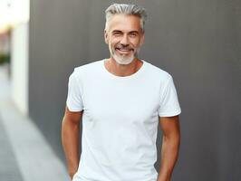 en bonne santé Sénior homme portant Vide vide blanc T-shirt maquette pour conception modèle, ai généré photo