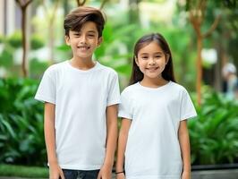 mignonne enfant de mêmes parents ou ami, garçon et fille portant Vide vide blanc T-shirt maquette pour conception modèle, ai généré photo