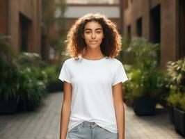 attrayant Jeune femme portant Vide vide blanc T-shirt maquette pour conception modèle, ai généré photo