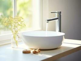 moderne blanc nettoyer laver bassin et robinet avec Matin lumière du soleil dans salle de bain, ai généré photo