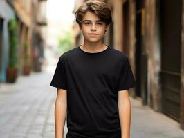 mignonne garçon portant Vide vide noir T-shirt maquette pour conception modèle, ai généré photo