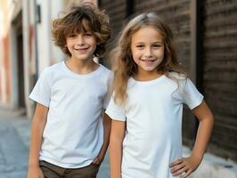 mignonne enfant de mêmes parents ou ami, garçon et fille portant Vide vide blanc T-shirt maquette pour conception modèle, ai généré photo