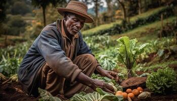 un agriculteur récolte Frais biologique des légumes en plein air généré par ai photo