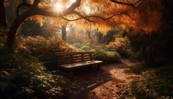 l'automne banc dans tranquille forêt, vibrant couleurs abonder généré par ai photo