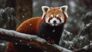 mignonne rouge Panda séance sur neigeux branche généré par ai photo