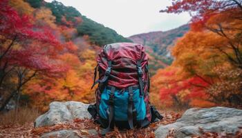 randonneur randonnée Montagne culminer, profiter l'automne paysage généré par ai photo