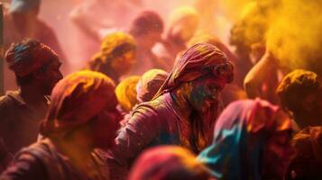 fermer Holi fête dans Inde ai génératif photo
