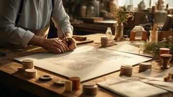 photo de une peintre artiste est en train de préparer La peinture outils à une Table de travail à l'intérieur studio. génératif ai