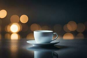 une tasse et soucoupe sur une table avec flou lumières. généré par ai photo